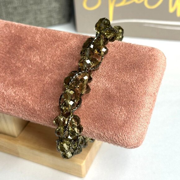 Handcrafted Stretch Bracelet With Crystal Taupe Beads & Hematite Finish Metal - Picture 2 of 7